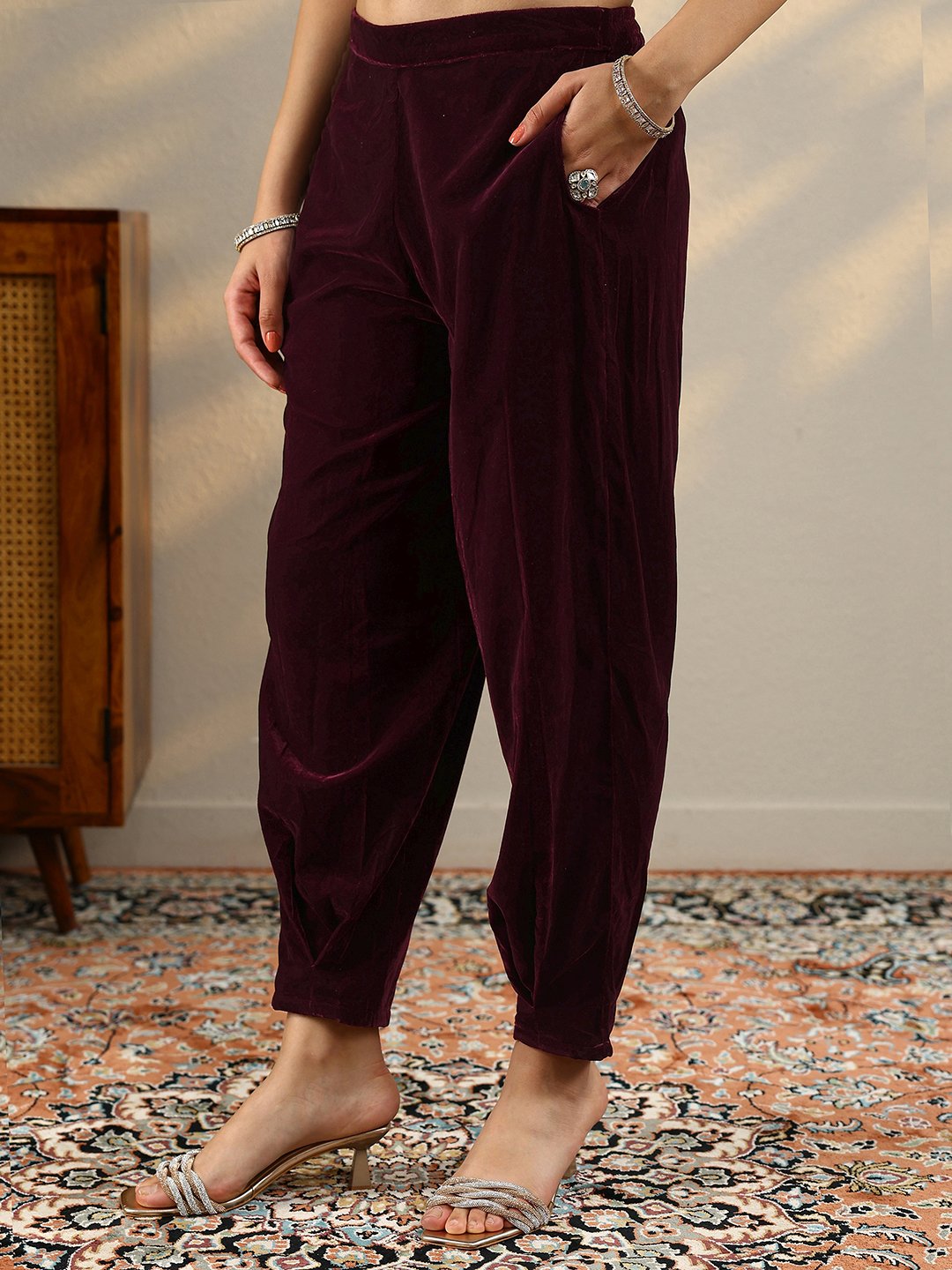 Burgundy Embroidered Velvet Straight Kurta, Trousers And Dupatta Set