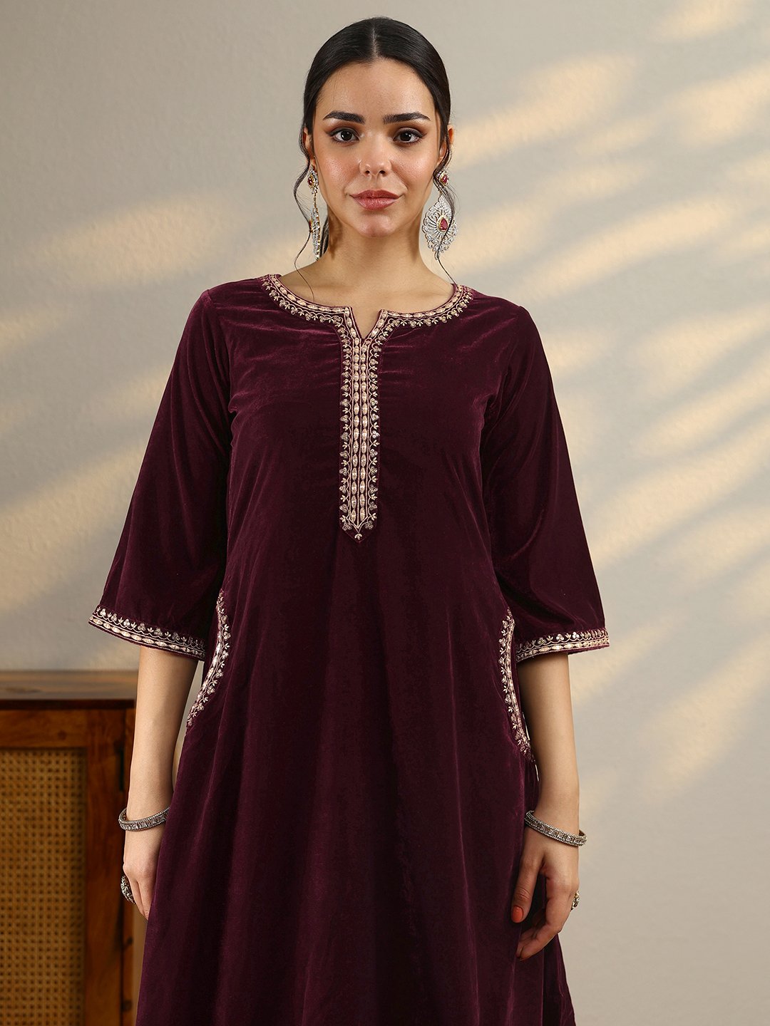 Burgundy Embroidered Velvet Straight Kurta, Trousers And Dupatta Set