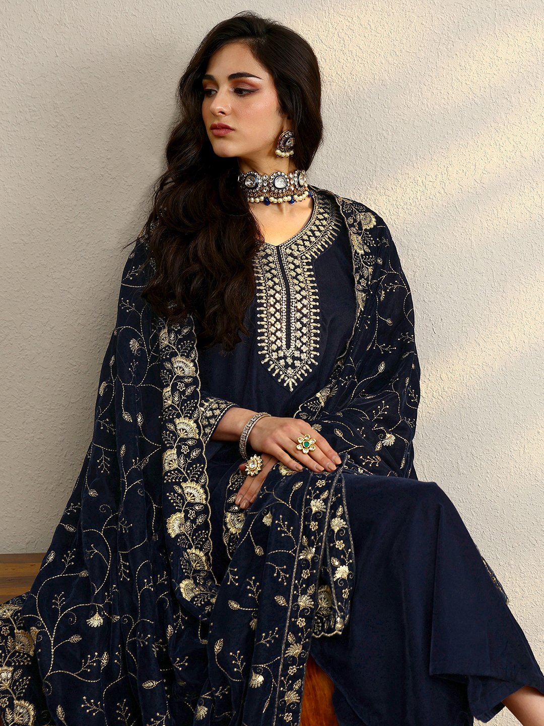 Blue Embroidered Velvet Straight Kurta, Trousers And Dupatta Set