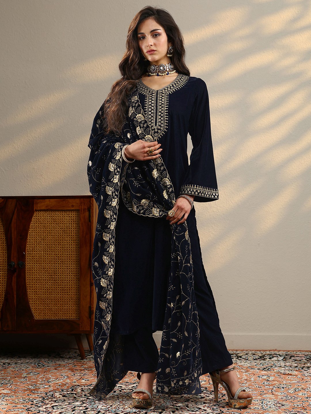 Blue Embroidered Velvet Straight Kurta, Trousers And Dupatta Set