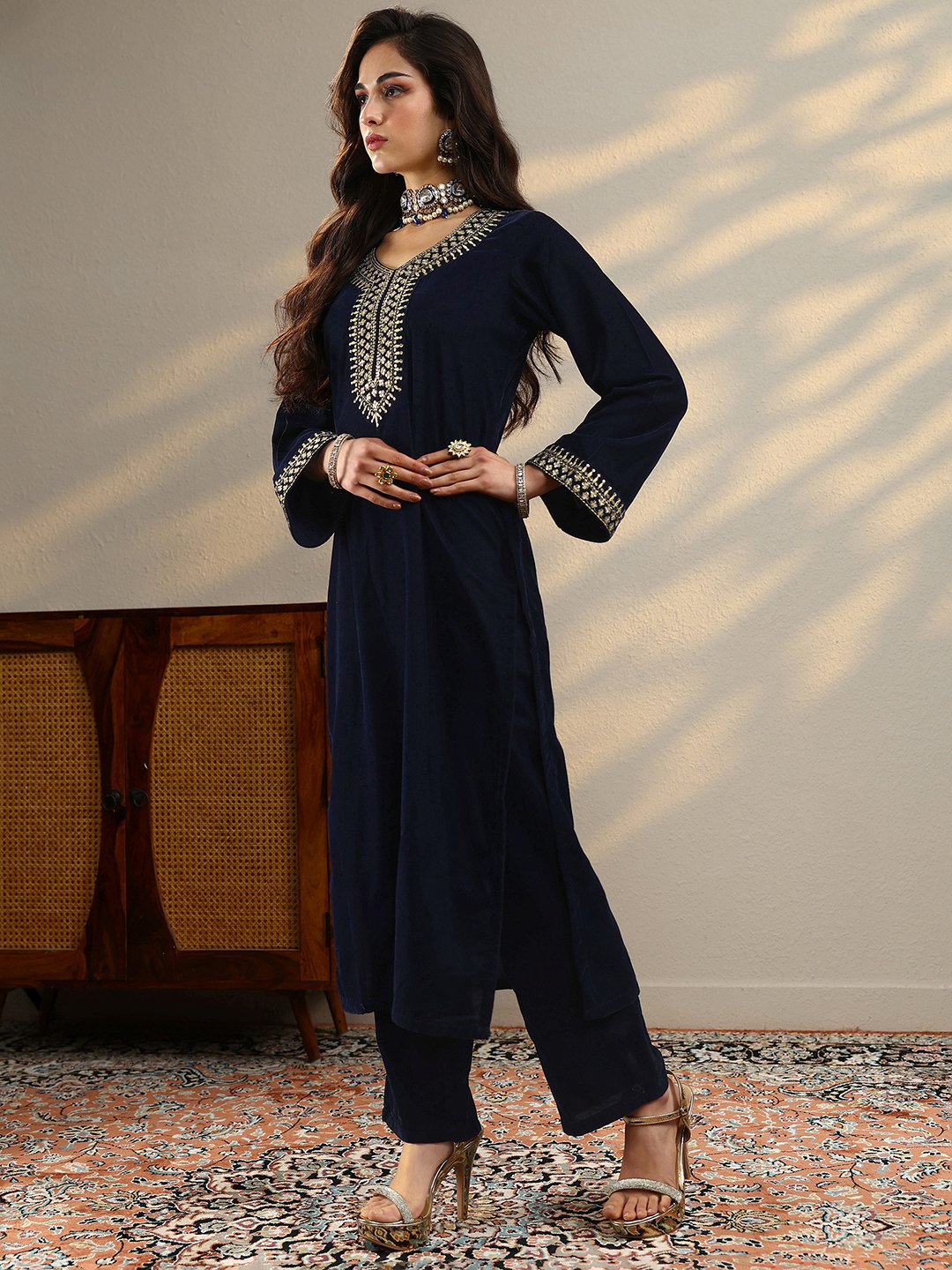 Blue Embroidered Velvet Straight Kurta, Trousers And Dupatta Set