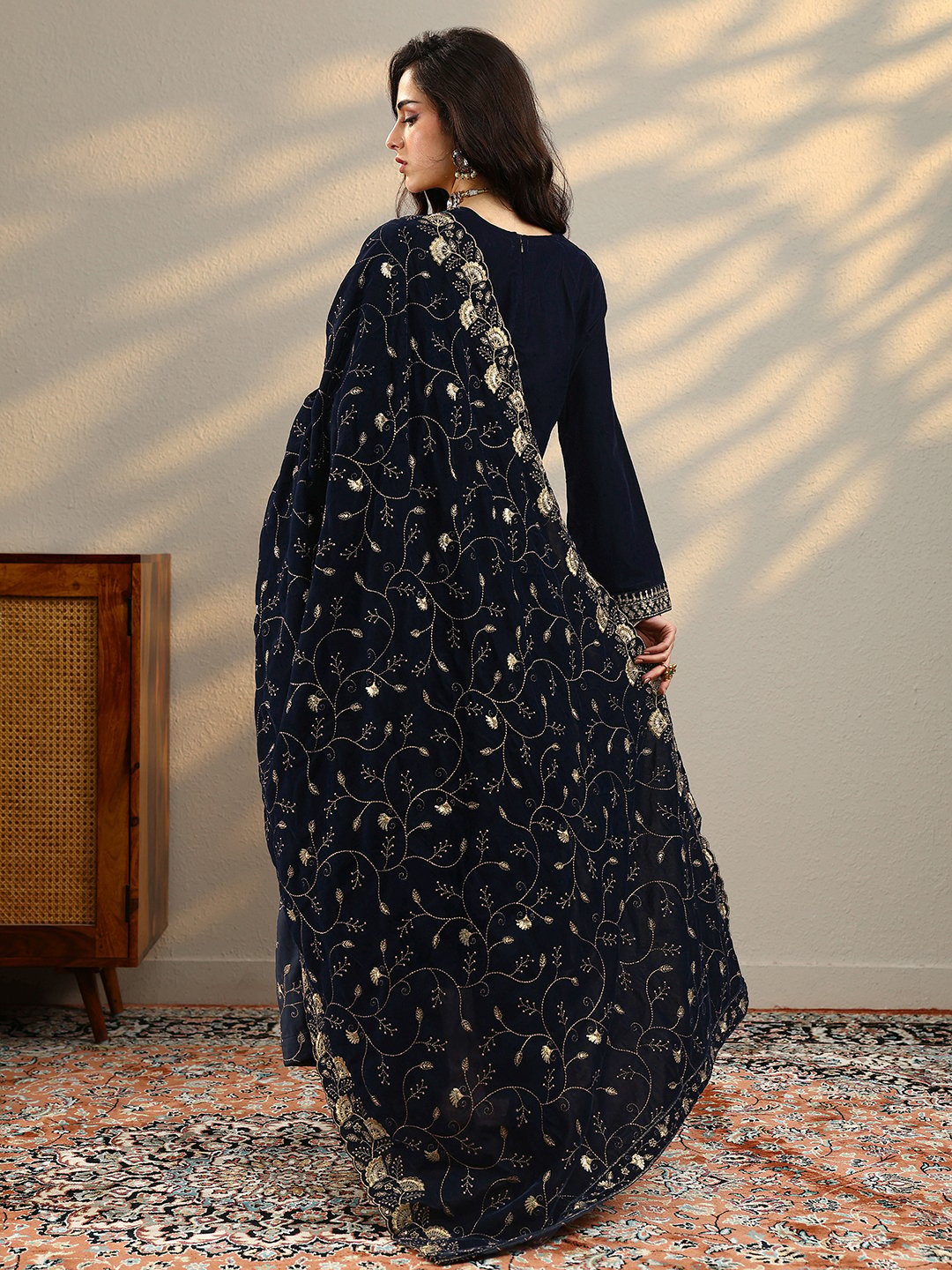 Blue Embroidered Velvet Straight Kurta, Trousers And Dupatta Set