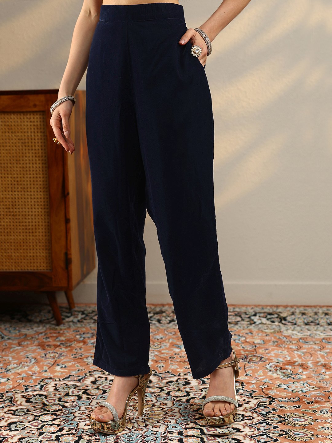 Blue Embroidered Velvet Straight Kurta, Trousers And Dupatta Set