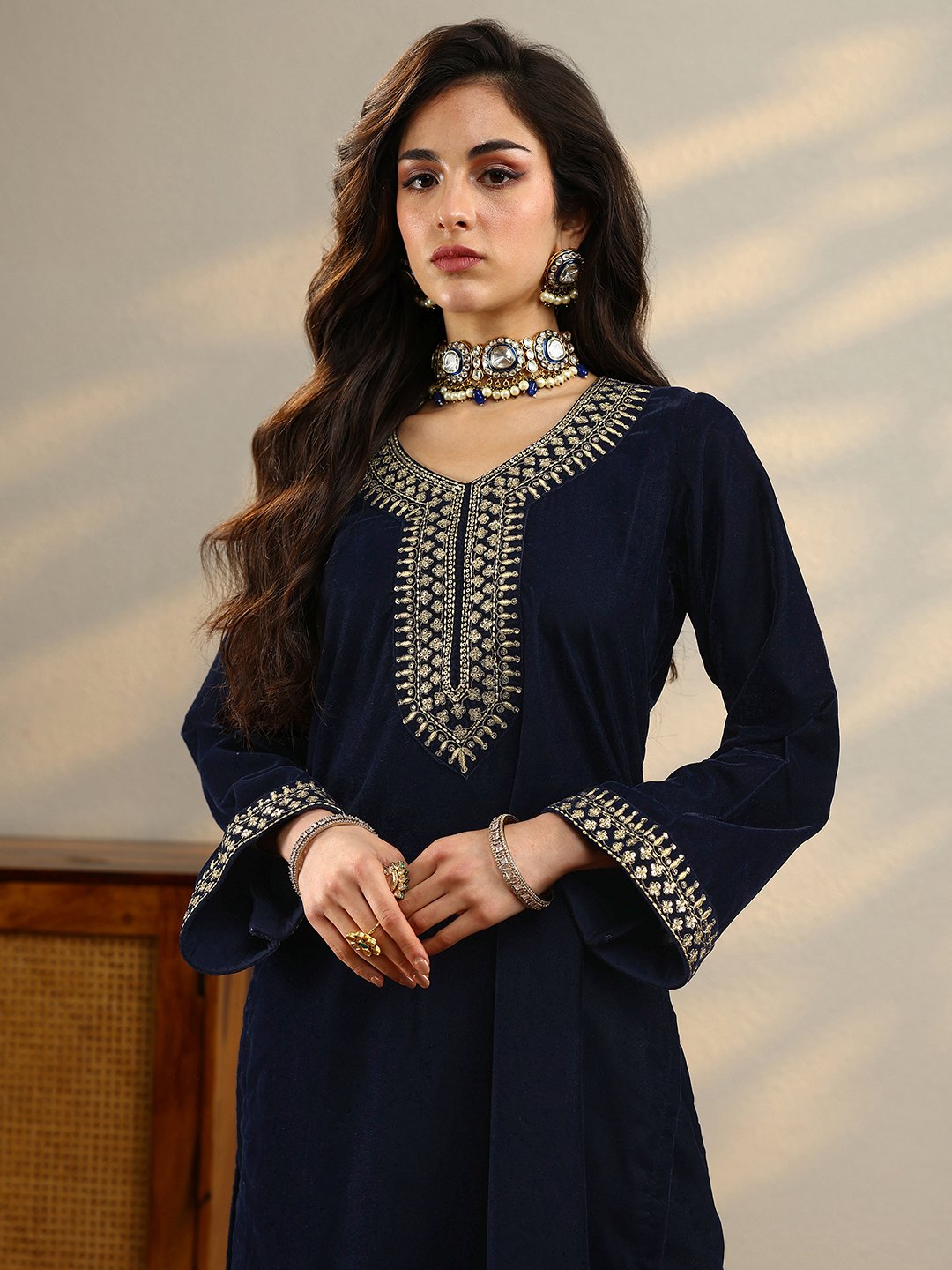Blue Embroidered Velvet Straight Kurta, Trousers And Dupatta Set