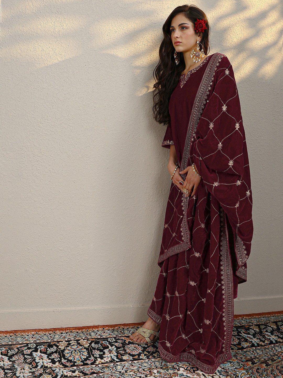 Maroon Solid Velvet Straight Kurta, Trousers And Dupatta Set