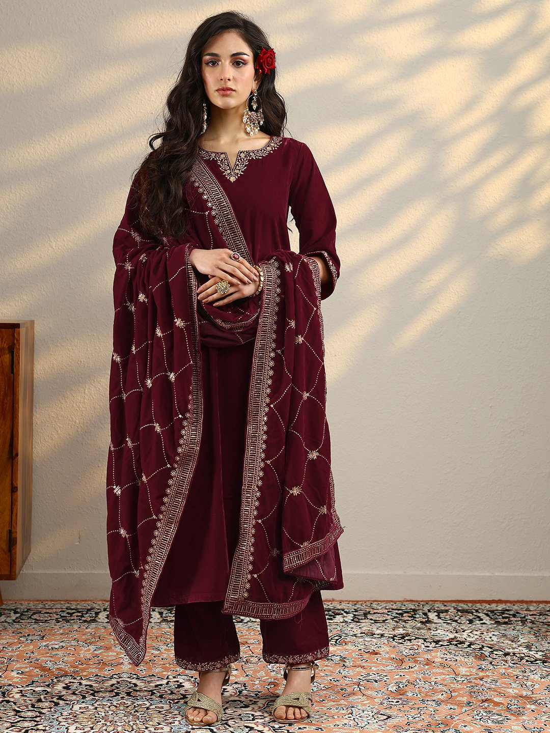 Maroon Solid Velvet Straight Kurta, Trousers And Dupatta Set