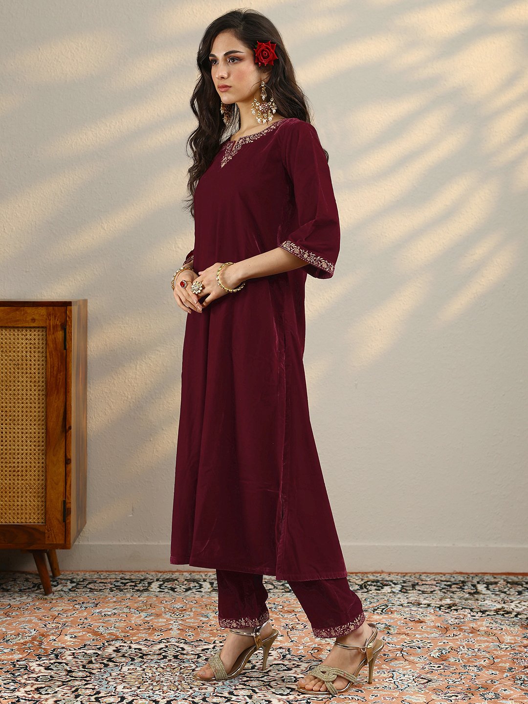 Maroon Solid Velvet Straight Kurta, Trousers And Dupatta Set