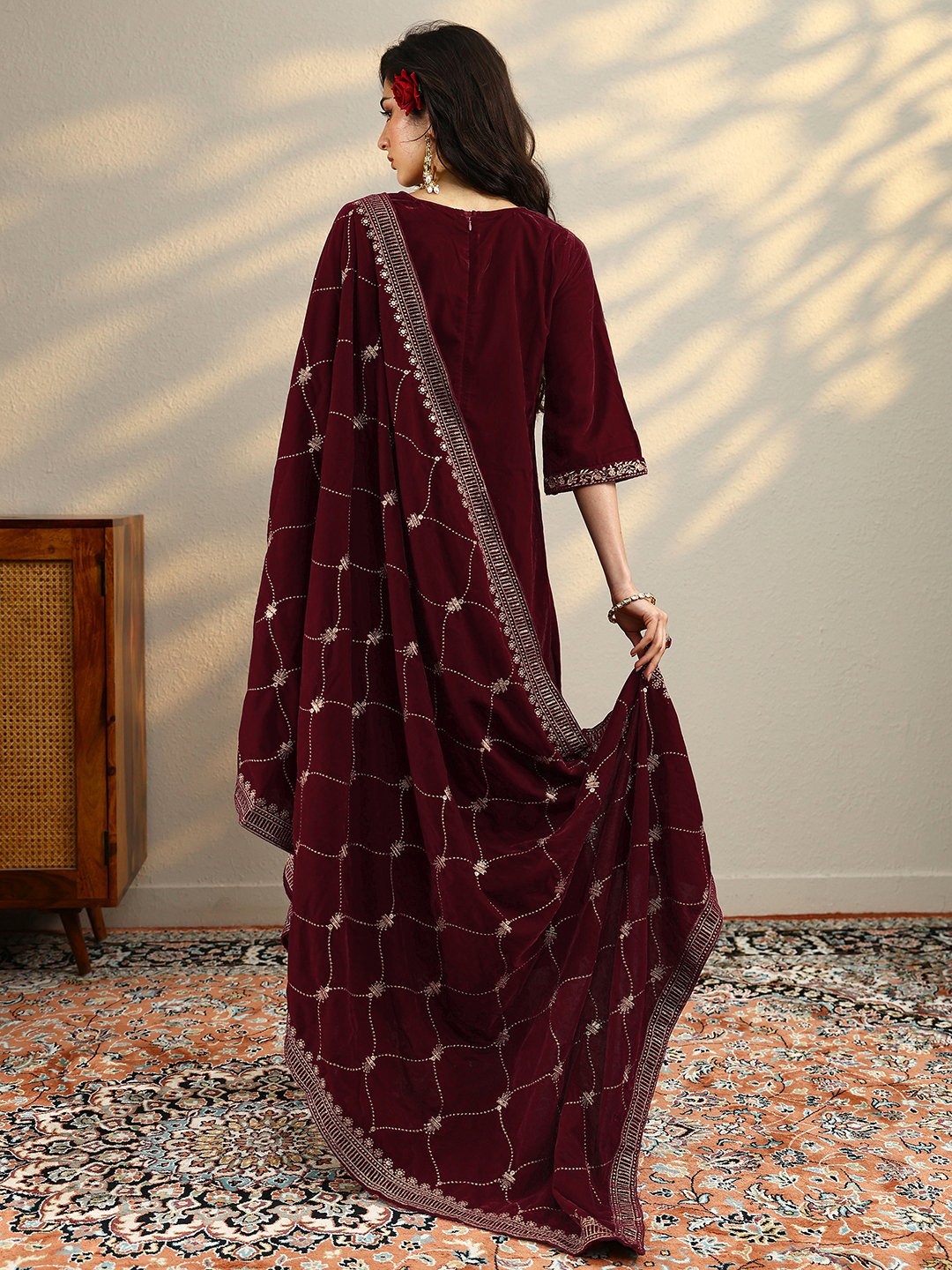 Maroon Solid Velvet Straight Kurta, Trousers And Dupatta Set