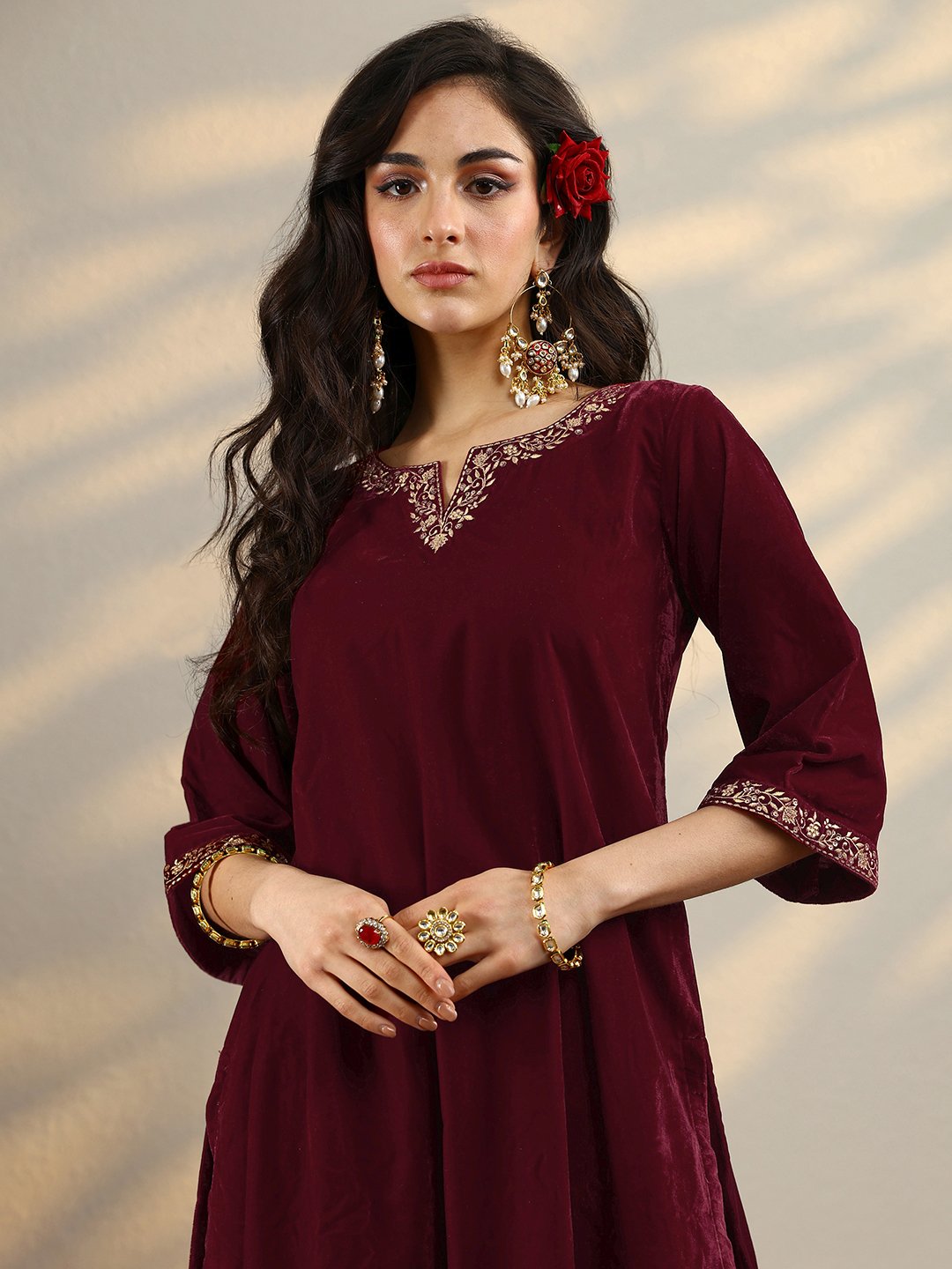 Maroon Solid Velvet Straight Kurta, Trousers And Dupatta Set