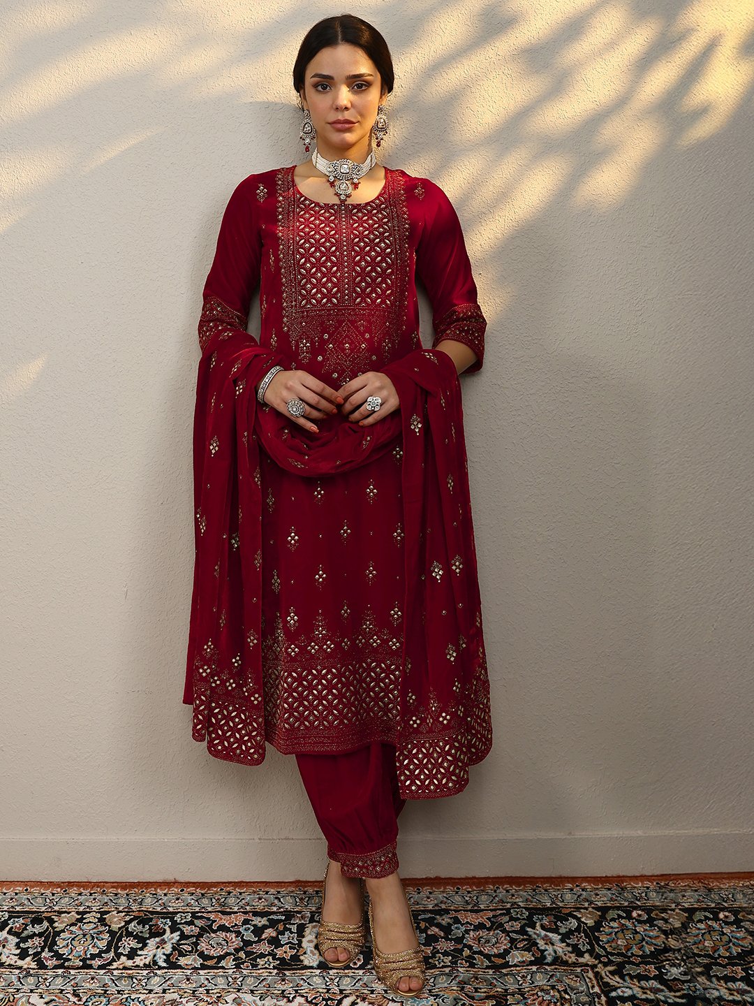 Red Embroidered Velvet Straight Kurta, Salwar And Dupatta Set