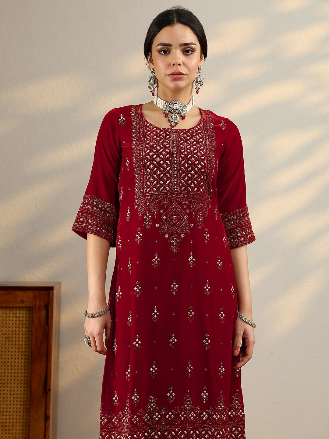 Red Embroidered Velvet Straight Kurta, Salwar And Dupatta Set