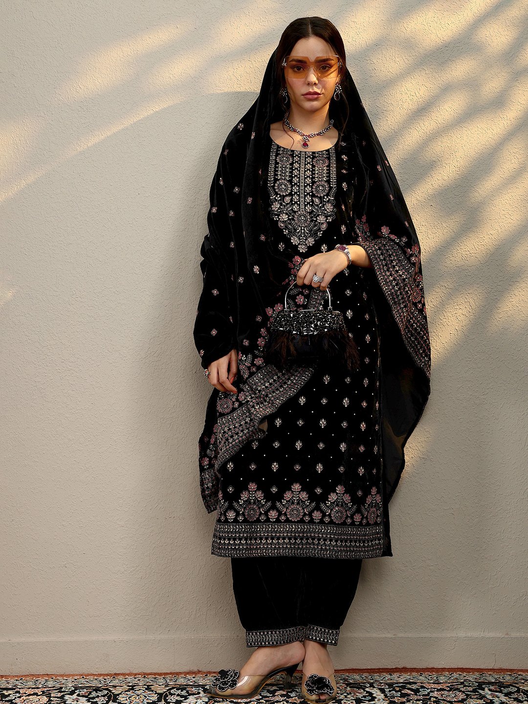Black Embroidered Velvet Straight Kurta, Salwar And Dupatta Set