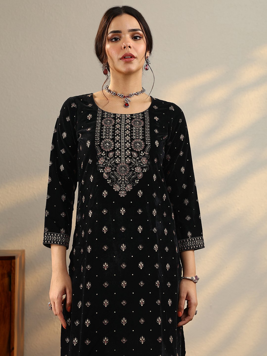 Black Embroidered Velvet Straight Kurta, Salwar And Dupatta Set