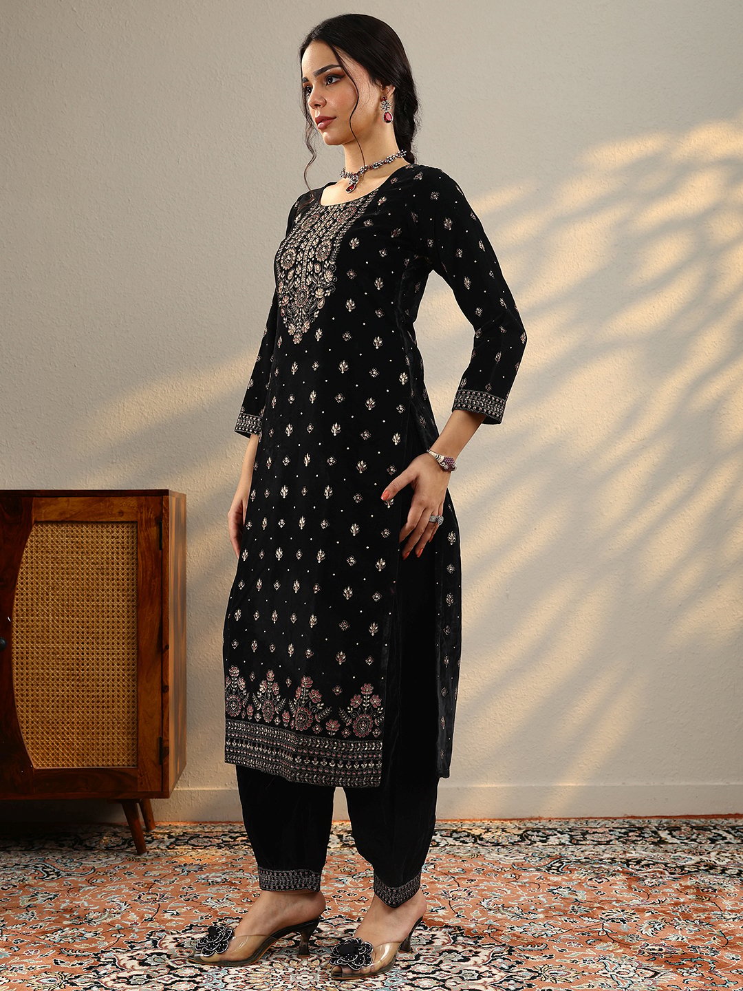 Black Embroidered Velvet Straight Kurta, Salwar And Dupatta Set