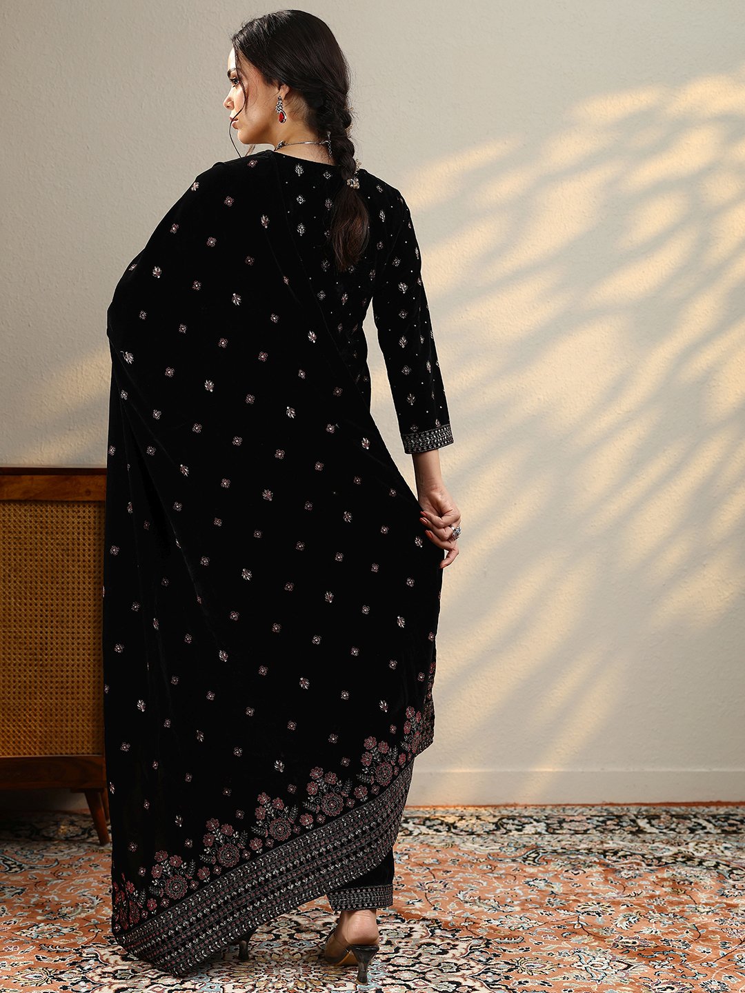 Black Embroidered Velvet Straight Kurta, Salwar And Dupatta Set