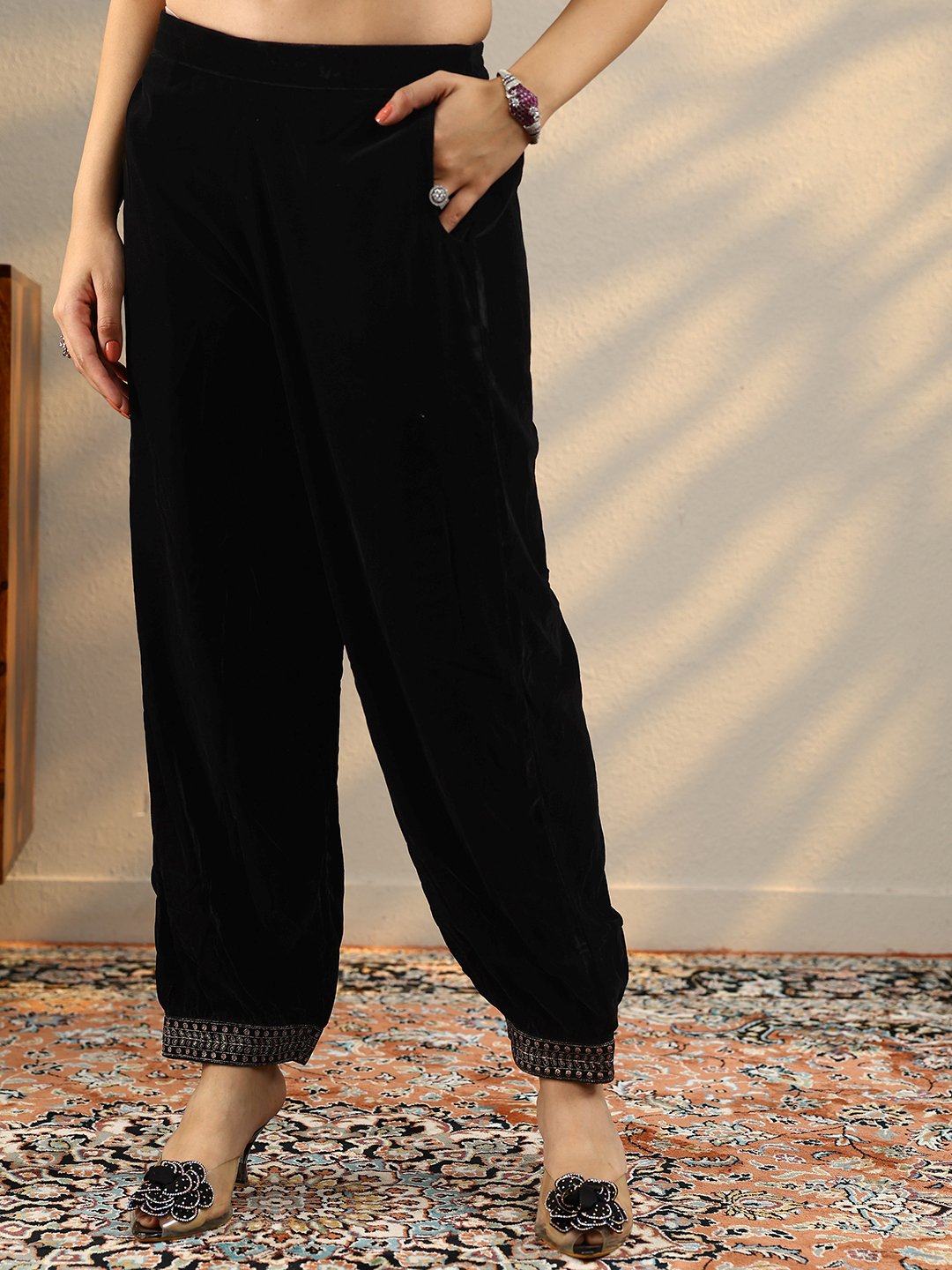 Black Embroidered Velvet Straight Kurta, Salwar And Dupatta Set