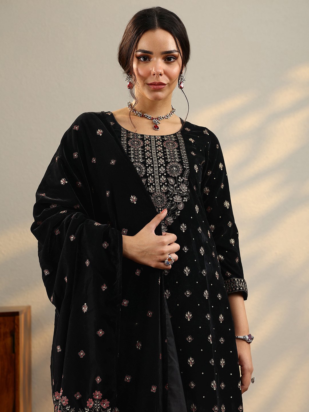Black Embroidered Velvet Straight Kurta, Salwar And Dupatta Set
