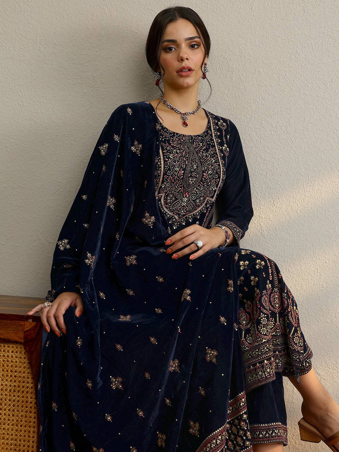 Blue Printed Velvet Straight Kurta, Trousers And Dupatta Set