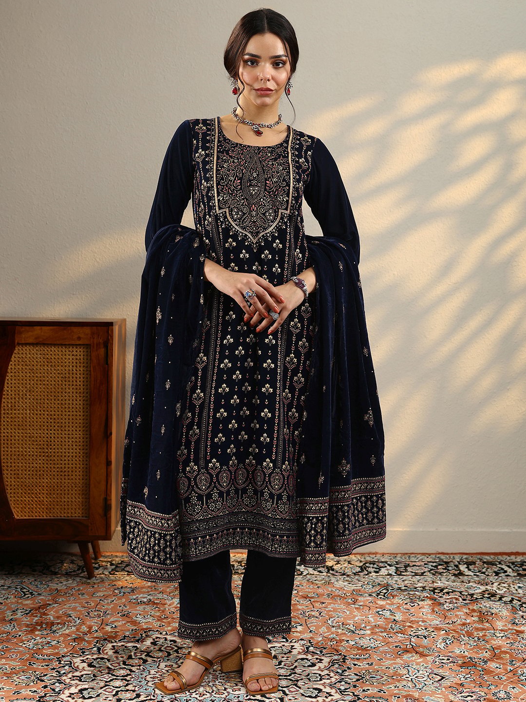 Blue Printed Velvet Straight Kurta, Trousers And Dupatta Set