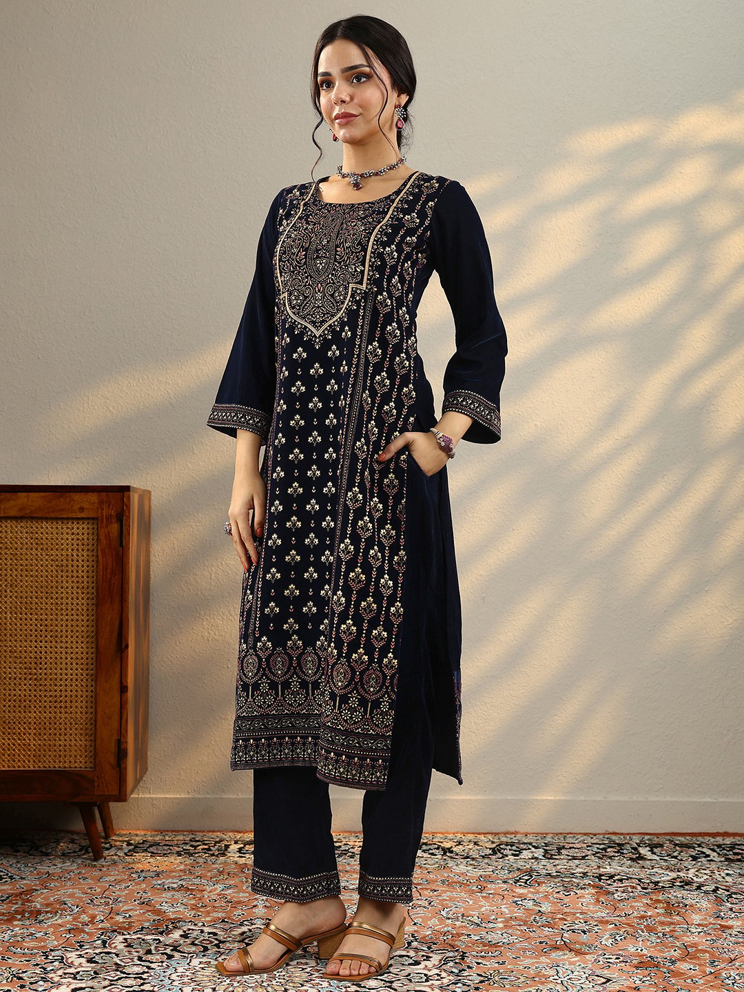 Blue Printed Velvet Straight Kurta, Trousers And Dupatta Set