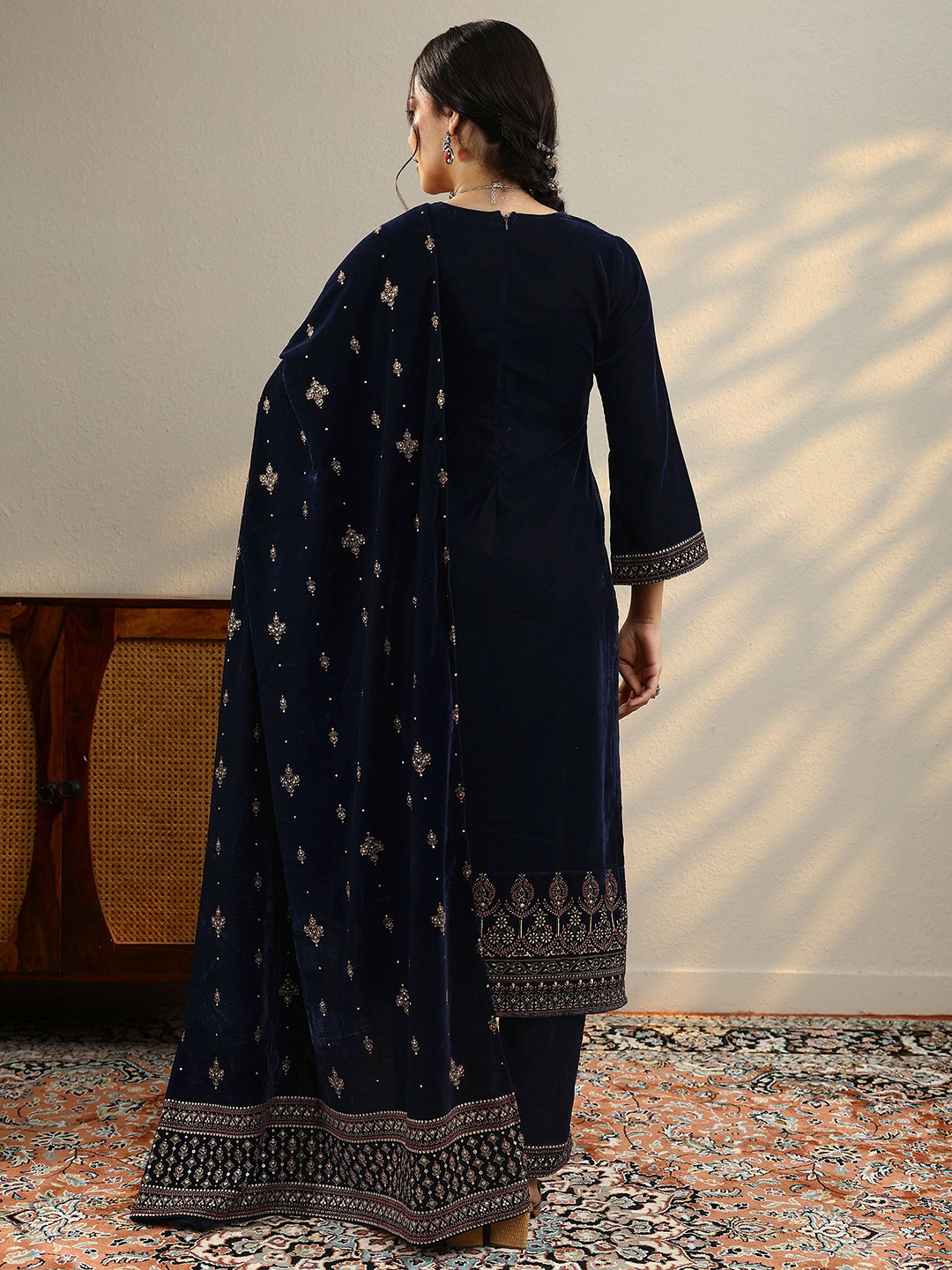 Blue Printed Velvet Straight Kurta, Trousers And Dupatta Set