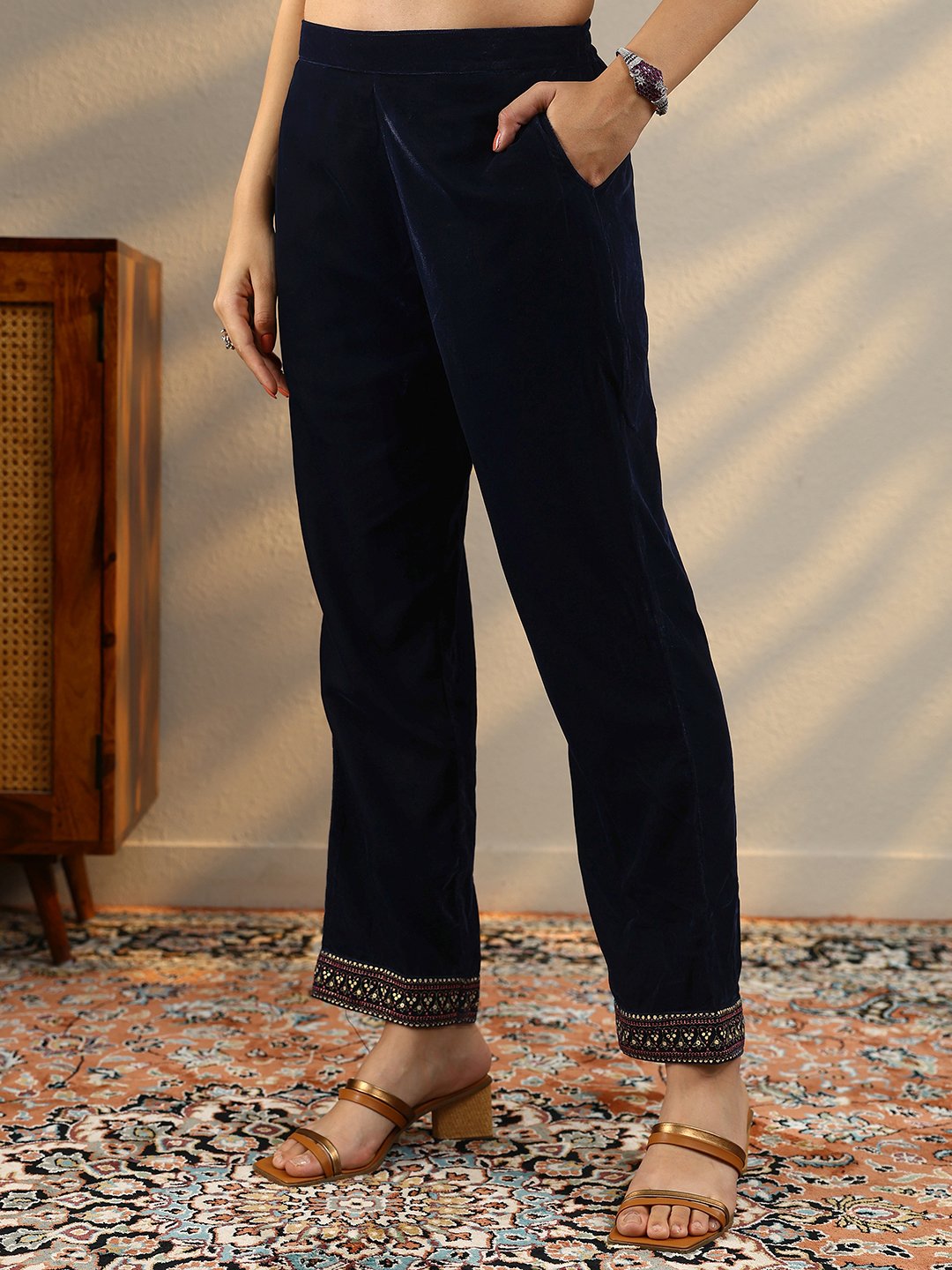 Blue Printed Velvet Straight Kurta, Trousers And Dupatta Set