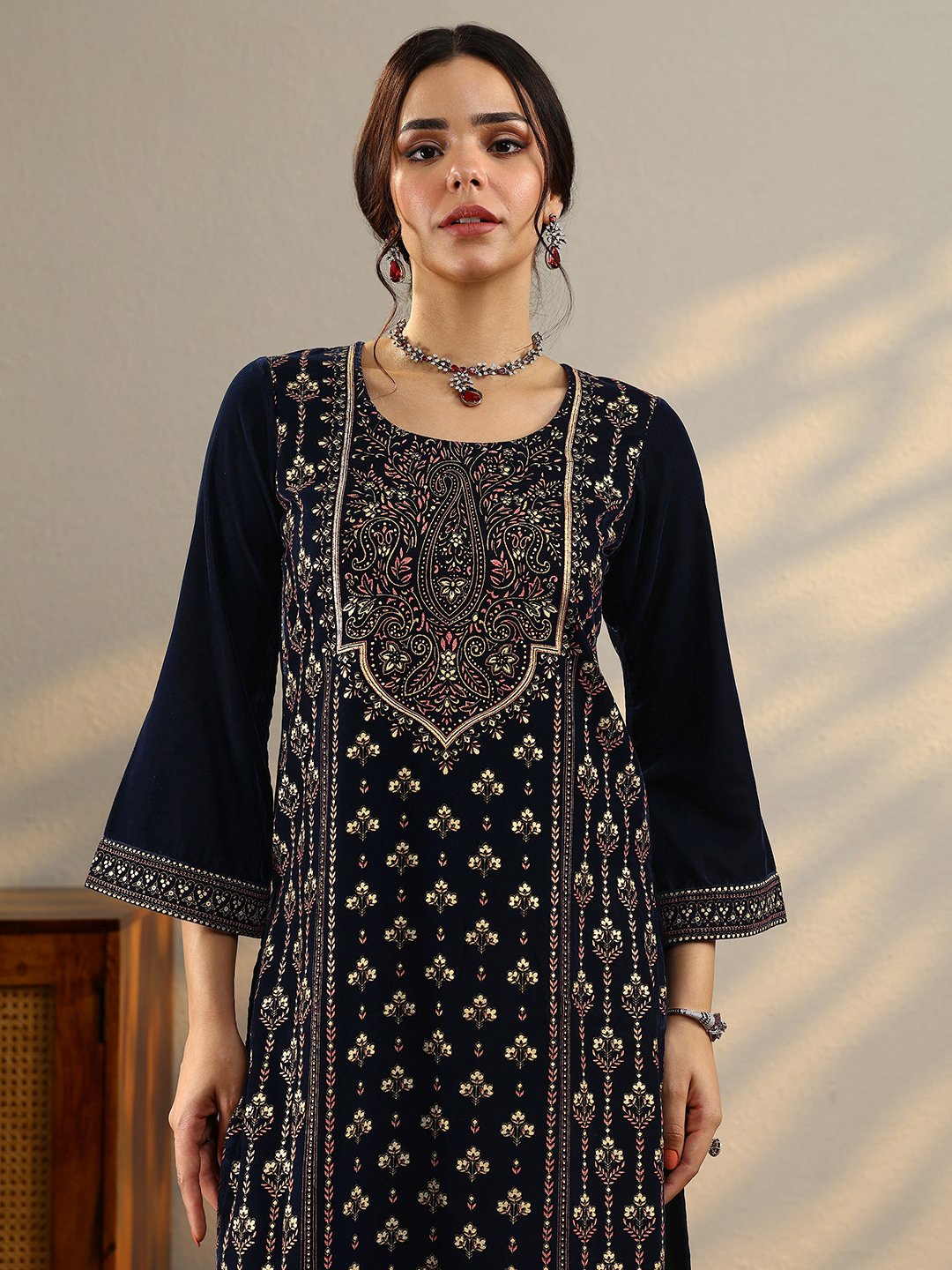 Blue Printed Velvet Straight Kurta, Trousers And Dupatta Set