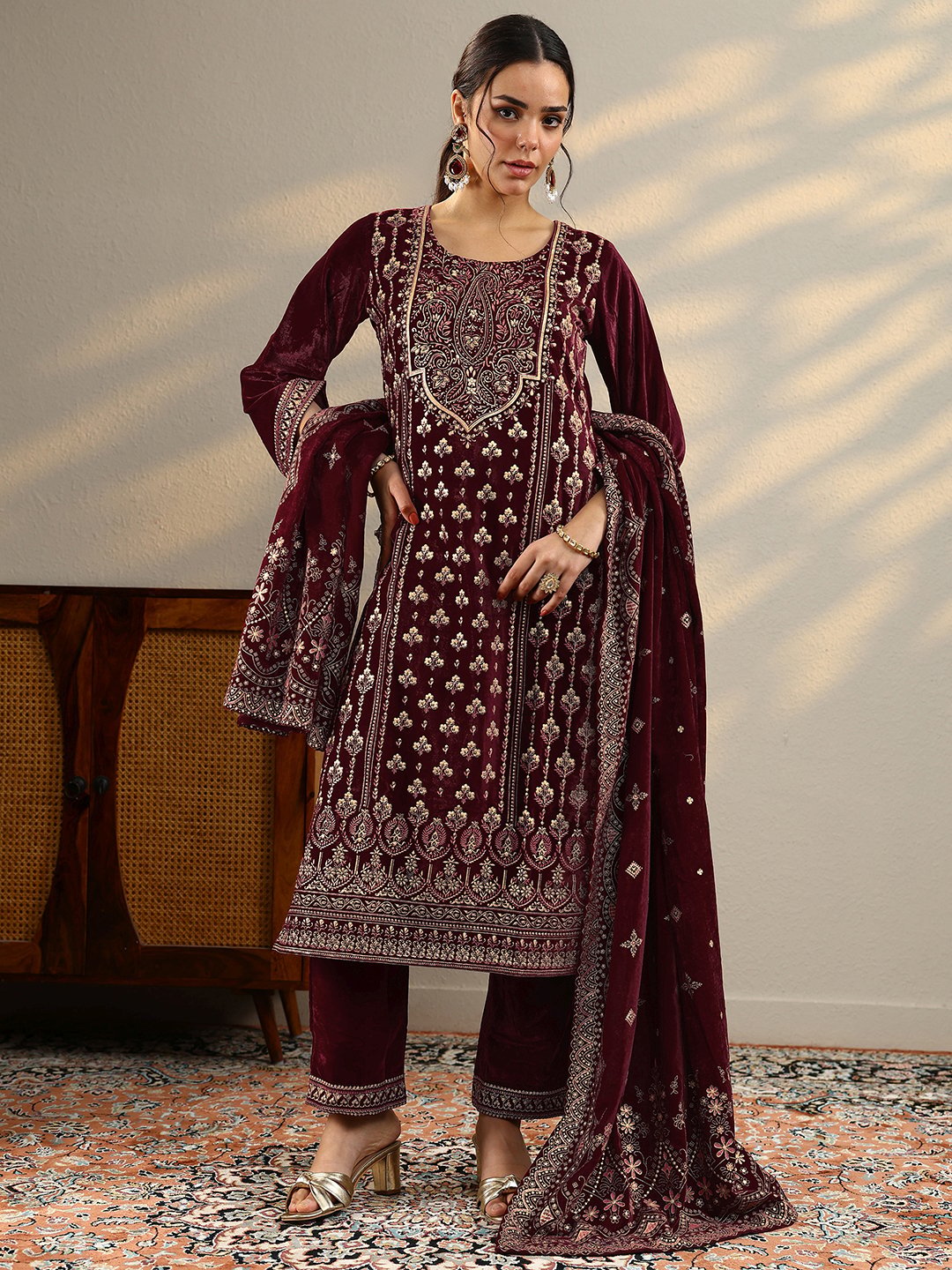 Maroon Printed Velvet Straight Kurta, Trousers And Dupatta Set