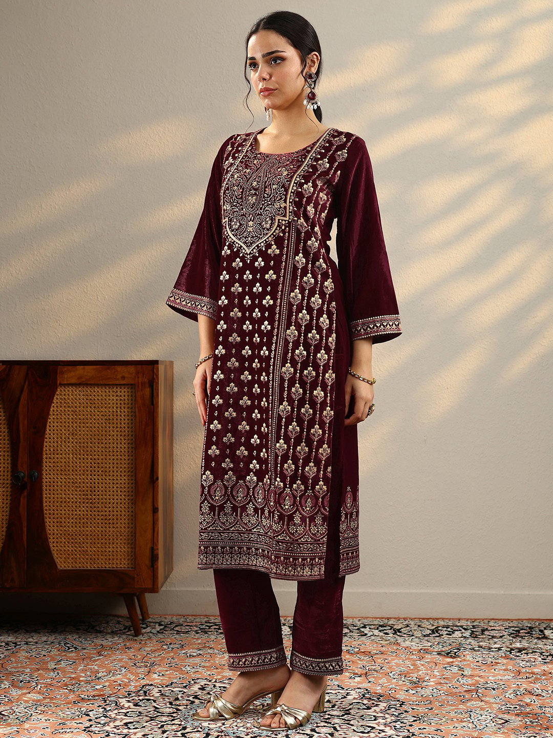 Maroon Printed Velvet Straight Kurta, Trousers And Dupatta Set