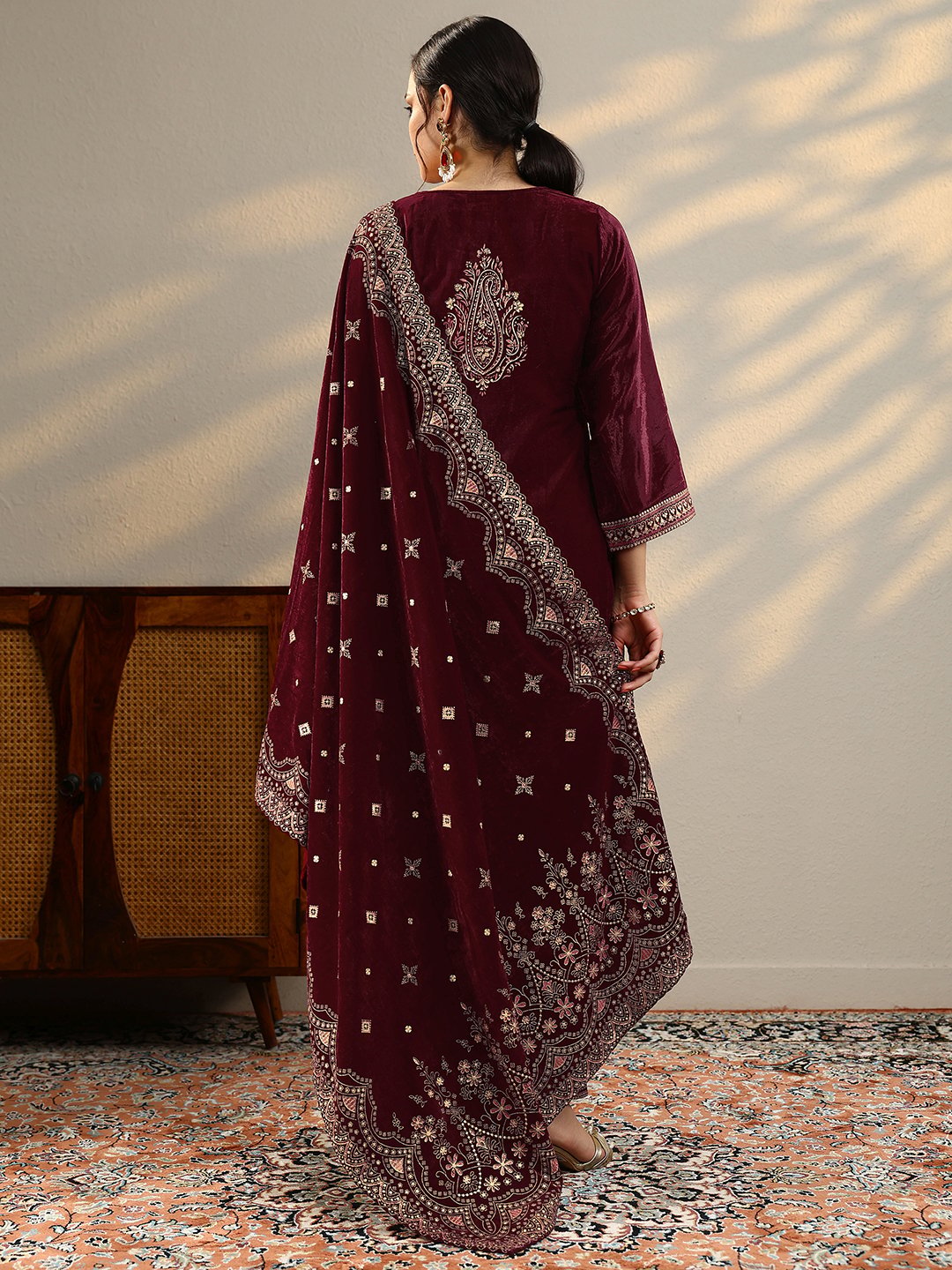 Maroon Printed Velvet Straight Kurta, Trousers And Dupatta Set