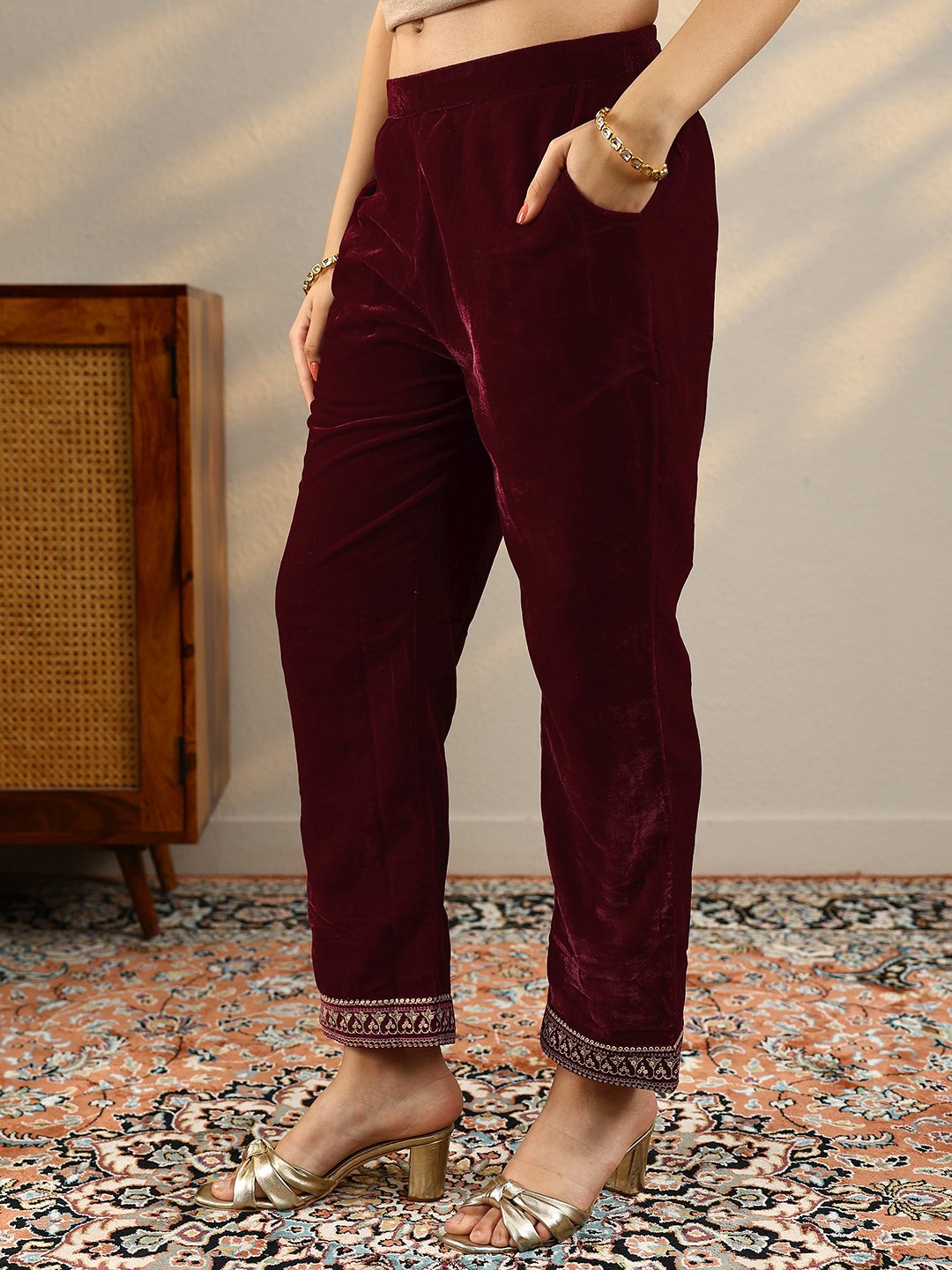 Maroon Printed Velvet Straight Kurta, Trousers And Dupatta Set