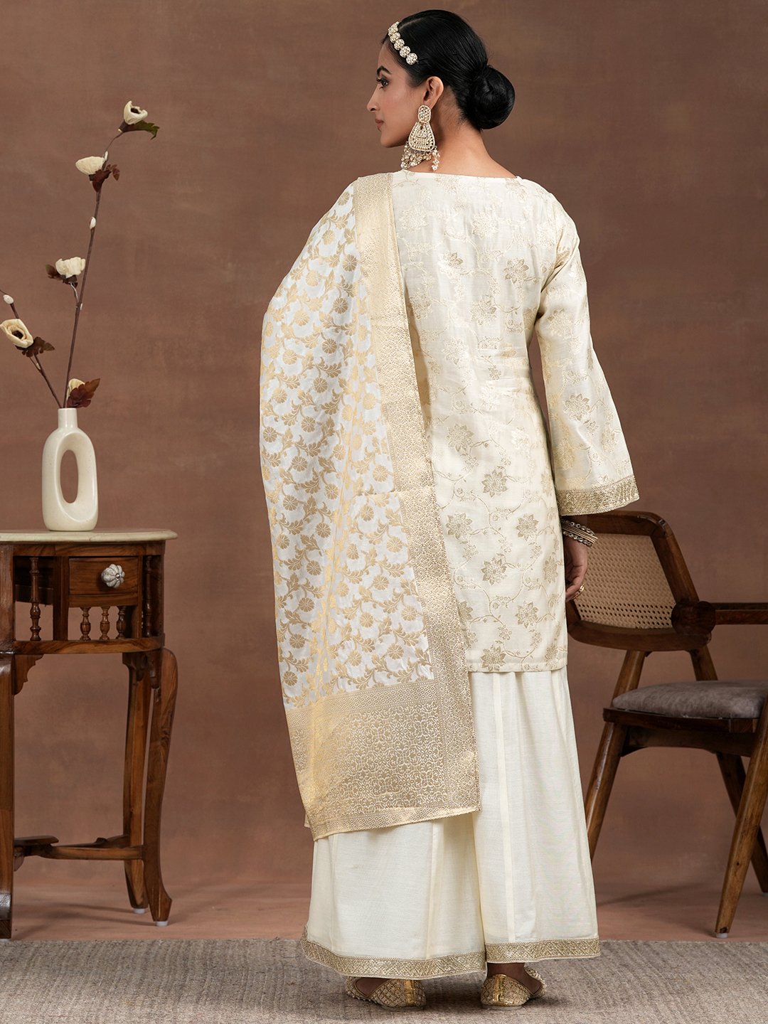 Off White Woven Design Silk Blend Straight Kurta, Palazzo And Dupatta Set