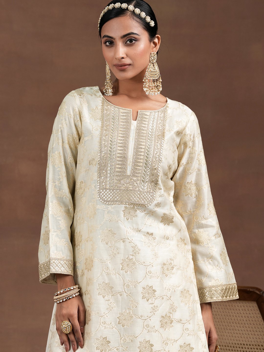 Off White Woven Design Silk Blend Straight Kurta, Palazzo And Dupatta Set