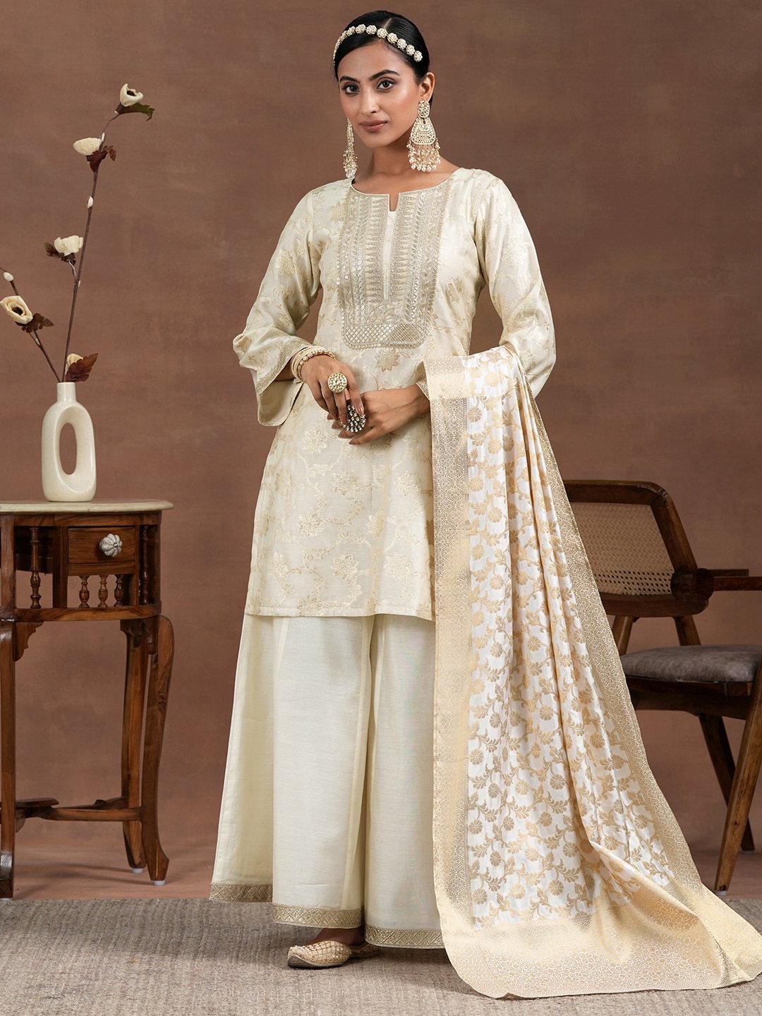 Off White Woven Design Silk Blend Straight Kurta, Palazzo And Dupatta Set