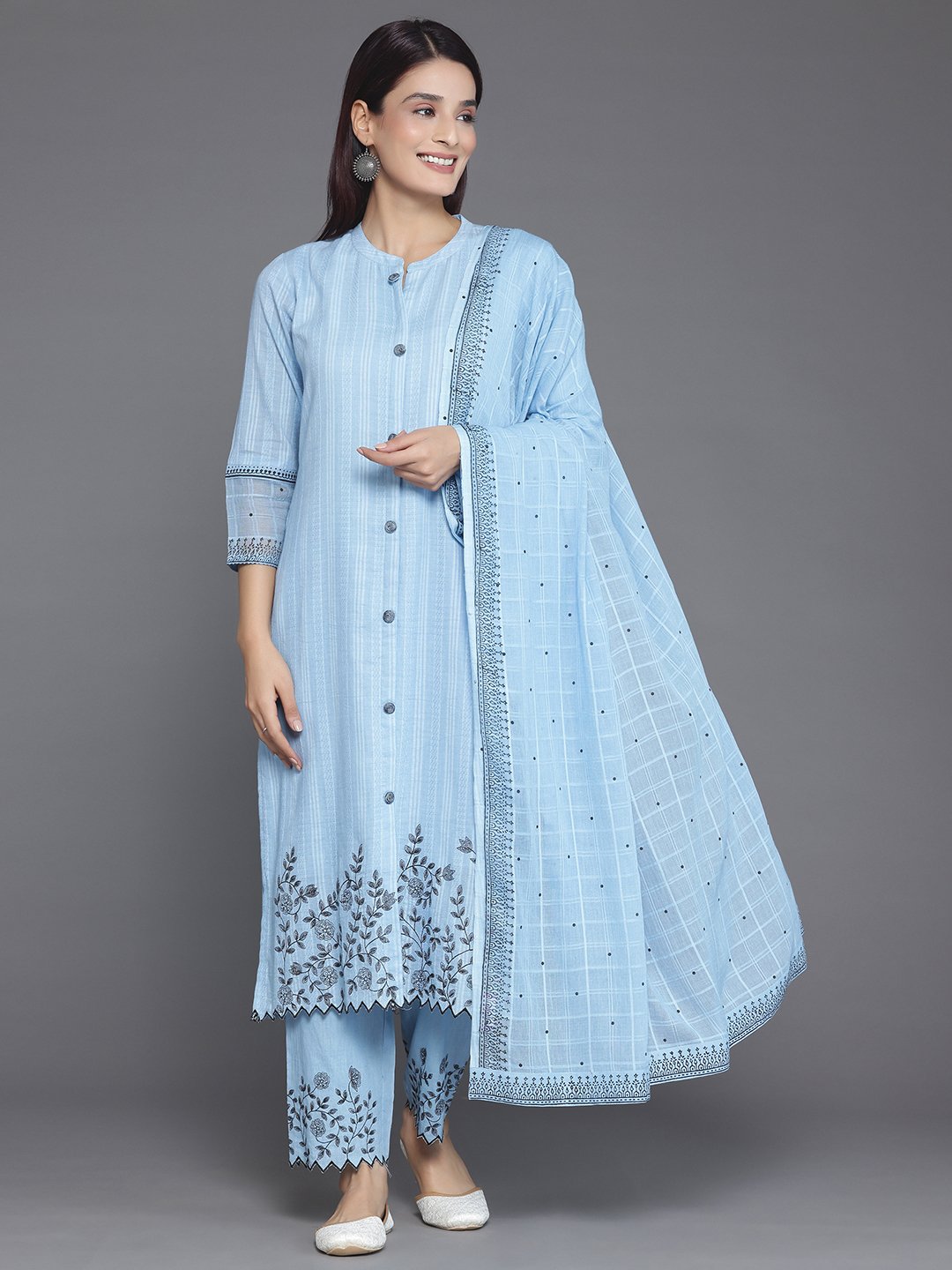 Blue Embroidered Cotton Straight Kurta, Trousers And Dupatta Set