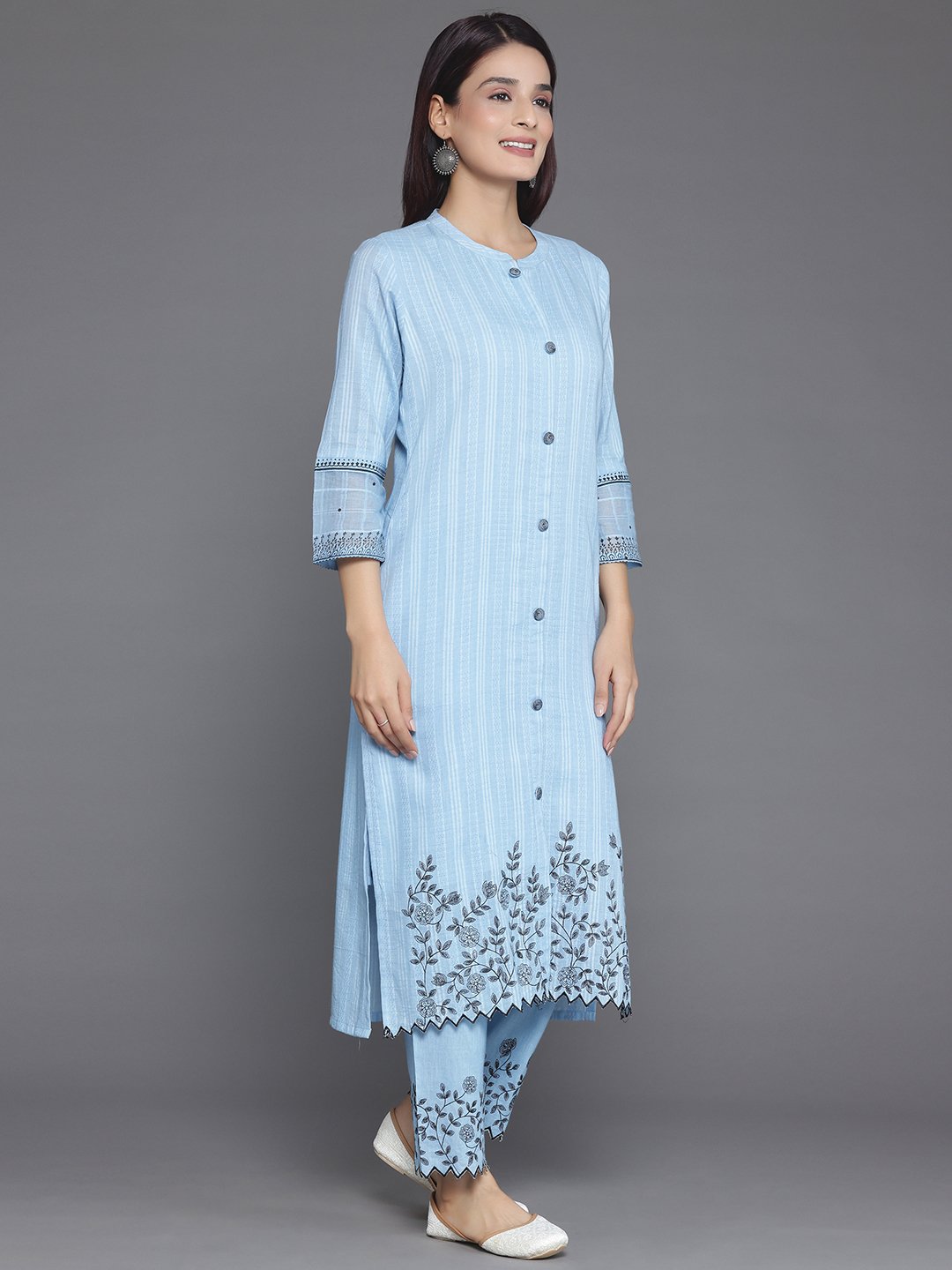 Blue Embroidered Cotton Straight Kurta, Trousers And Dupatta Set
