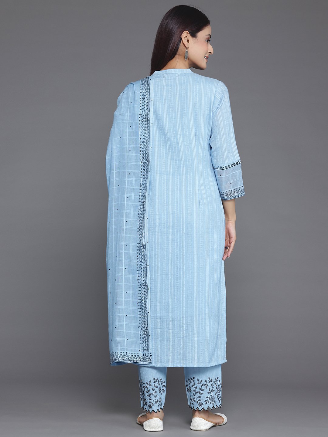 Blue Embroidered Cotton Straight Kurta, Trousers And Dupatta Set