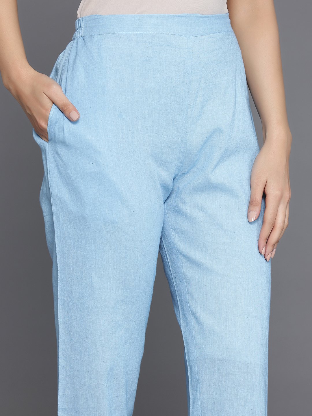 Blue Embroidered Cotton Straight Kurta, Trousers And Dupatta Set