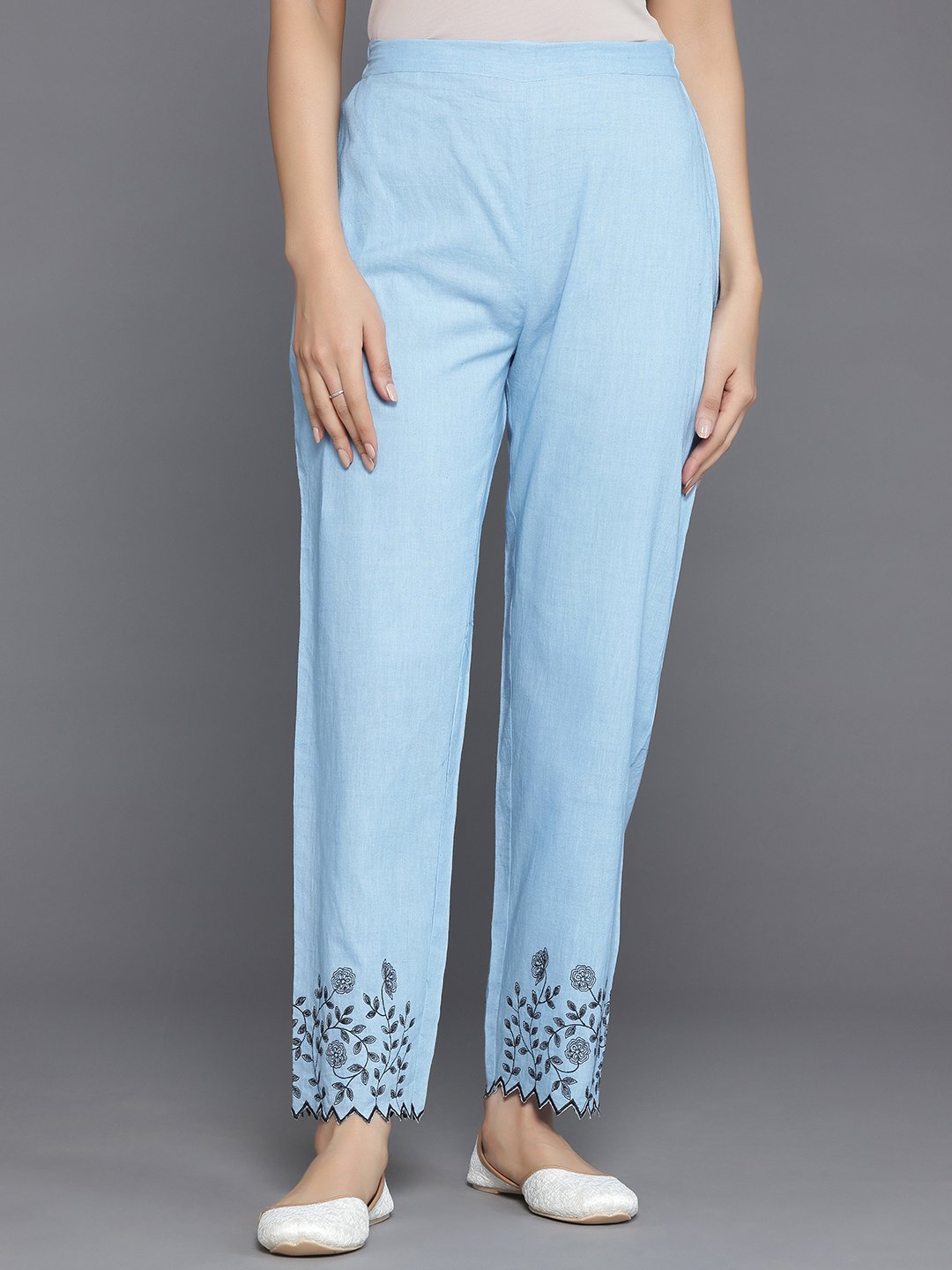 Blue Embroidered Cotton Straight Kurta, Trousers And Dupatta Set