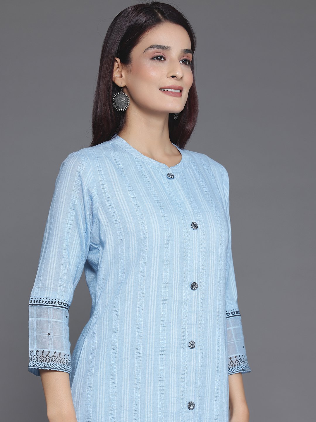 Blue Embroidered Cotton Straight Kurta, Trousers And Dupatta Set