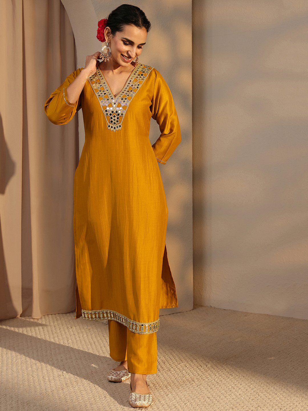 Mustard Embellished Silk Blend Straight Kurta And Trousers Set