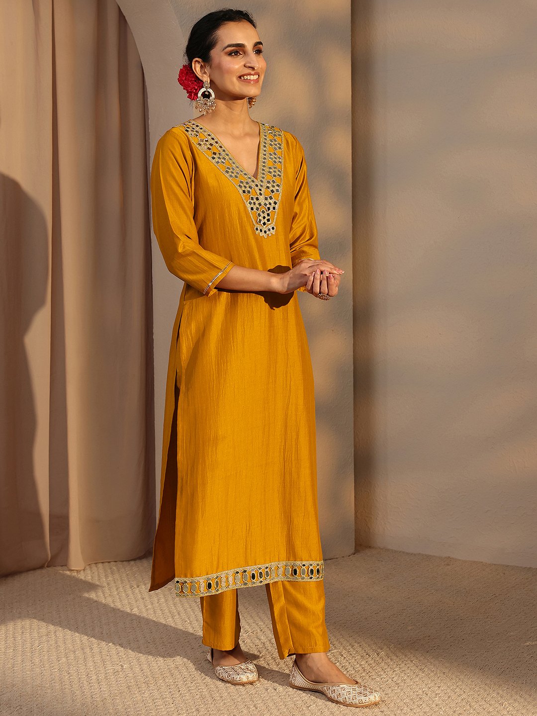 Mustard Embellished Silk Blend Straight Kurta And Trousers Set