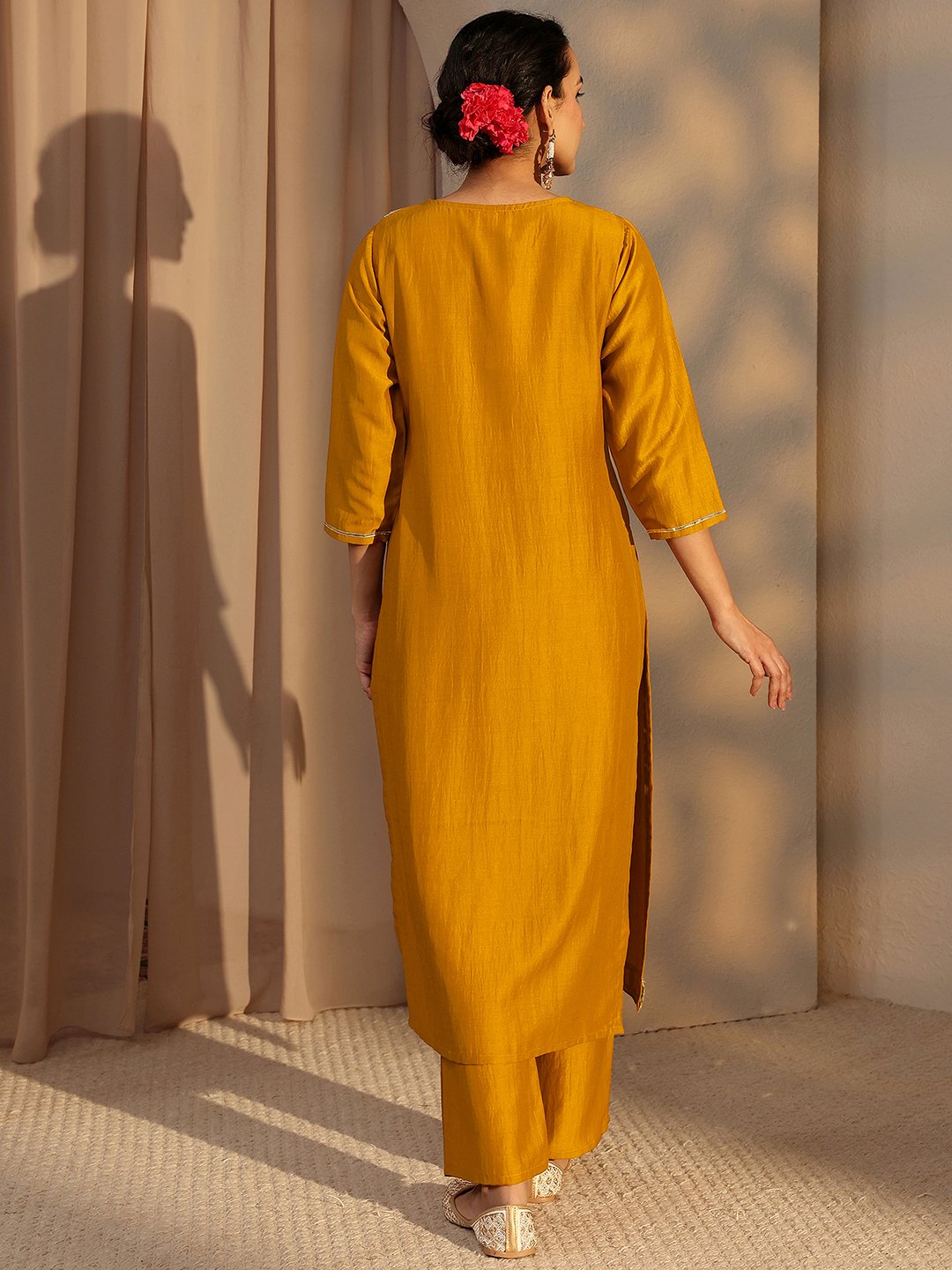 Mustard Embellished Silk Blend Straight Kurta And Trousers Set