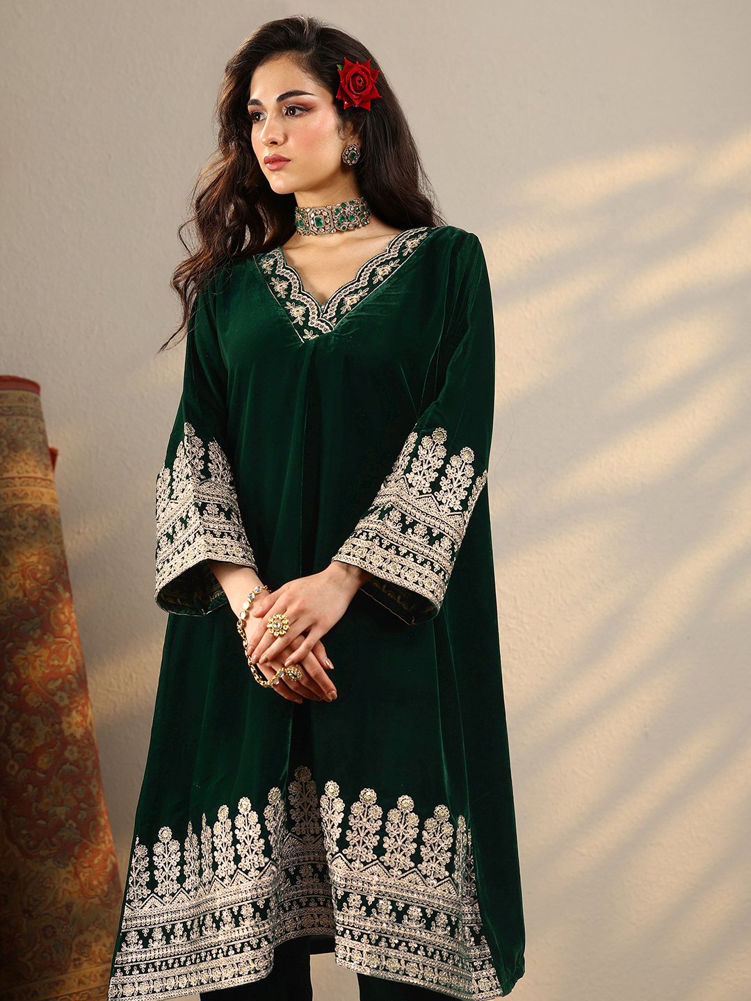 Green Embroidered Velvet Straight Kurta And Trousers Set