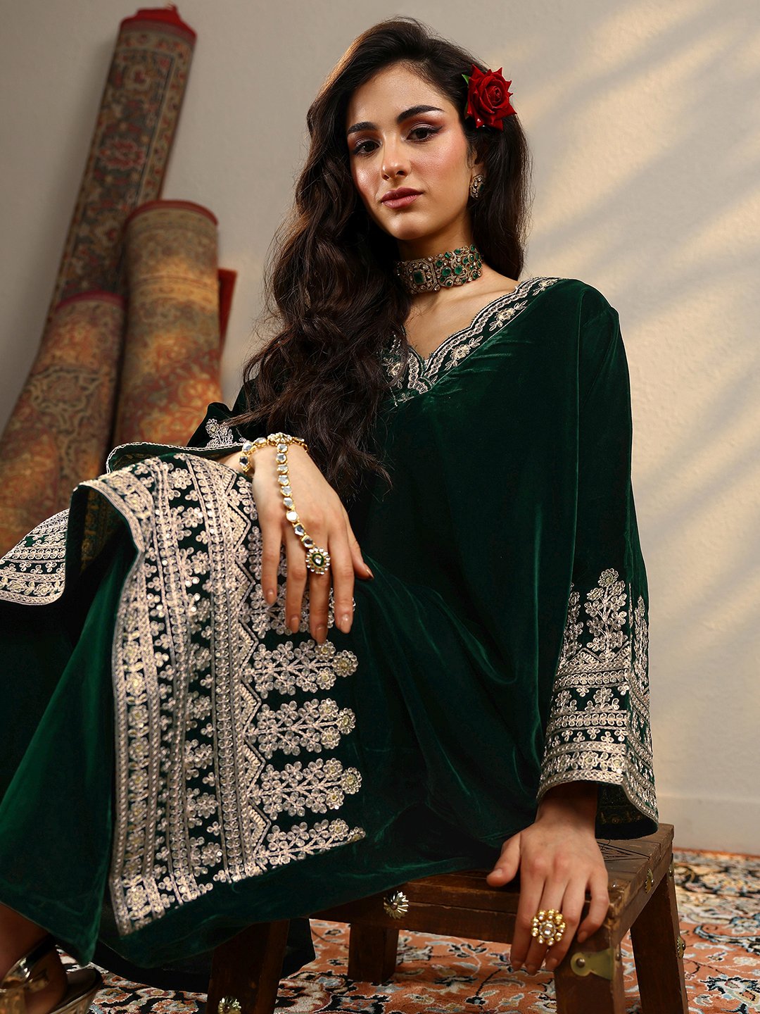 Green Embroidered Velvet Straight Kurta And Trousers Set