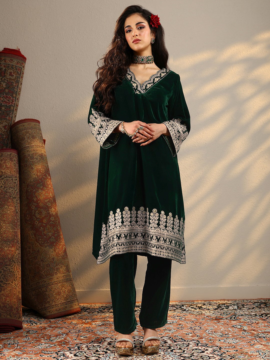 Green Embroidered Velvet Straight Kurta And Trousers Set