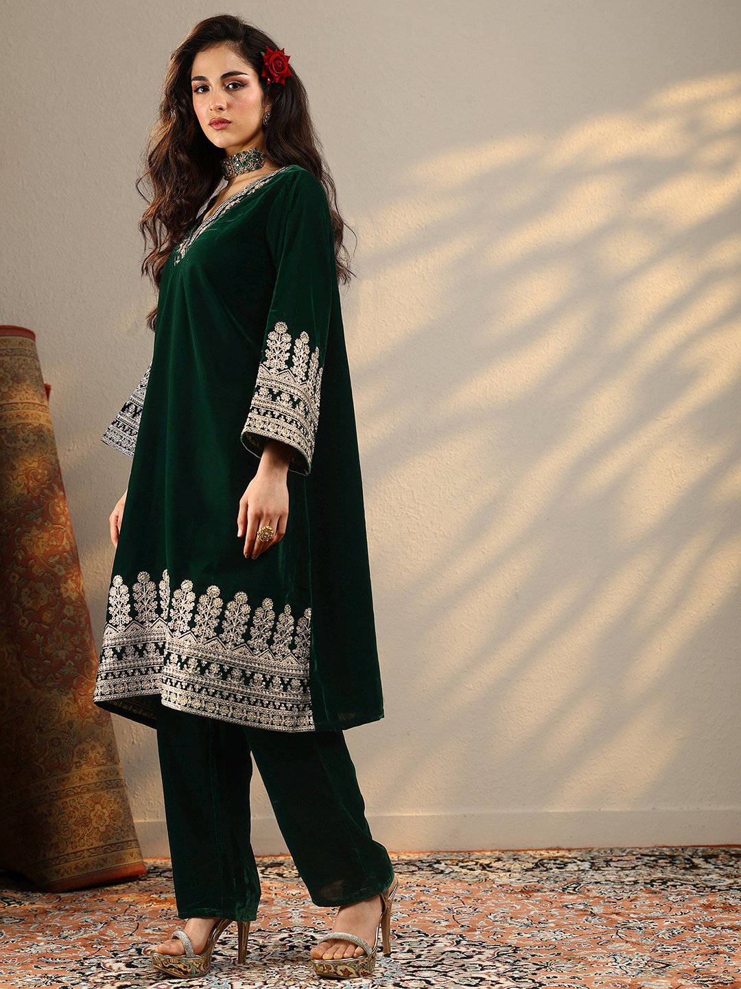 Green Embroidered Velvet Straight Kurta And Trousers Set
