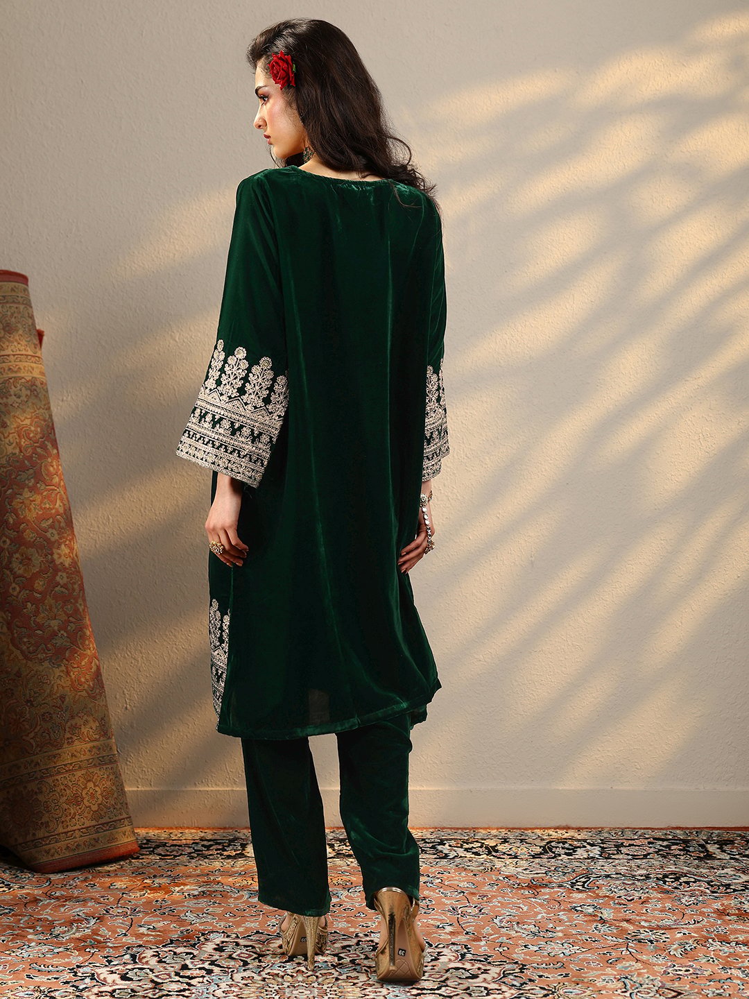 Green Embroidered Velvet Straight Kurta And Trousers Set
