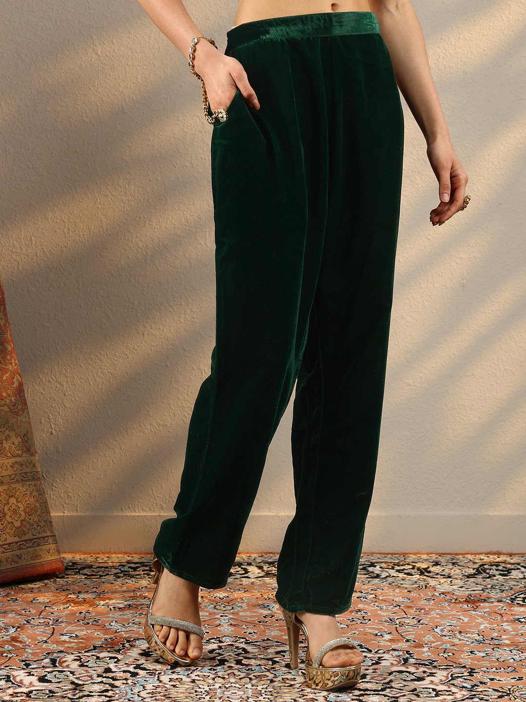 Green Embroidered Velvet Straight Kurta And Trousers Set