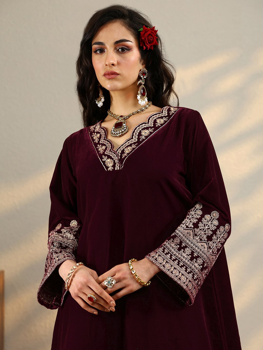 Maroon Embroidered Velvet Straight Kurta And Trousers Set